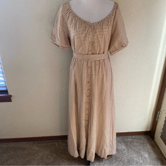 Reformation NWT Roland Dress Anzo Check Tan White Gingham Maxi Puff Sleeves: XL - Picture 2 of 11